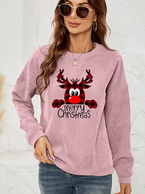 Dusty Pink corduroy sweatshirt with a cute reindeer graphic and Merry Christmas text.