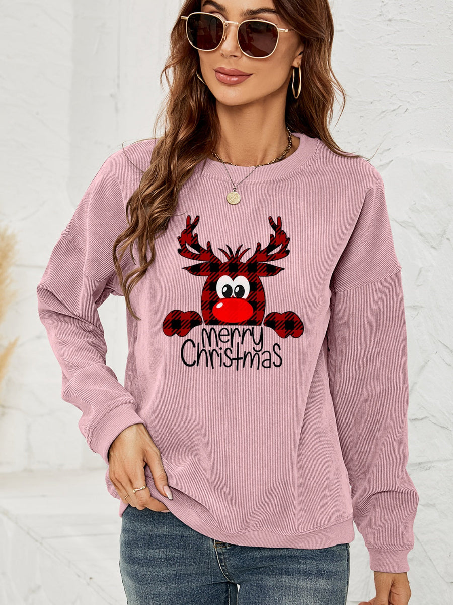 Dusty Pink corduroy sweatshirt with a cute reindeer graphic and Merry Christmas text.