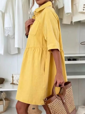 light blue shirt dress with chest pocket and elbow sleeve