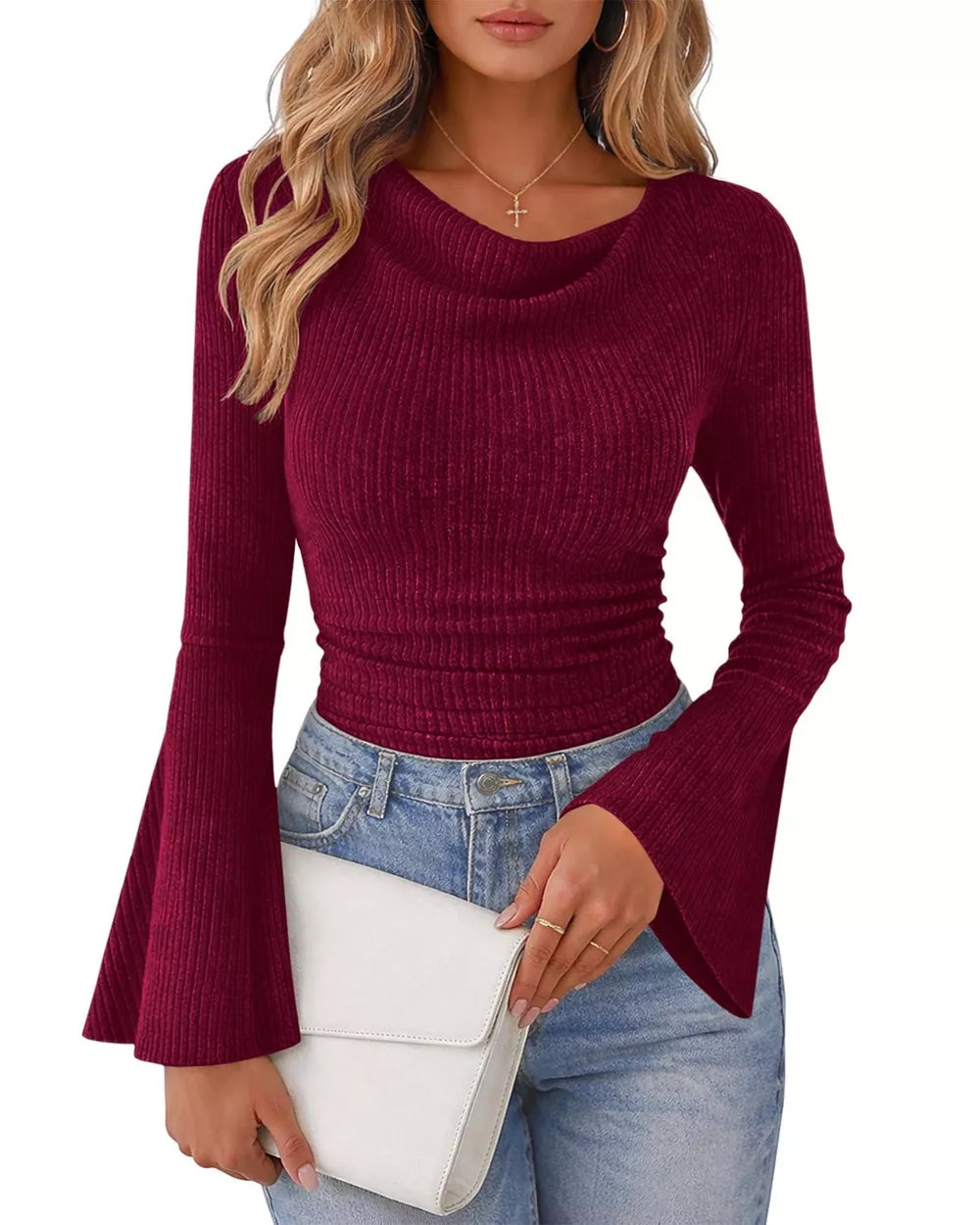 Ribbed Bell Sleeve T-shirt in Burgundy