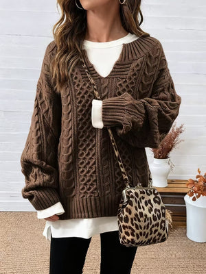 chocolate brown pullover sweater with cable knit and v-neck