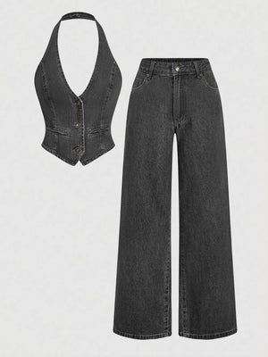 Dark with Halter Neck Denim Vest And Wide-leg Jeans Set