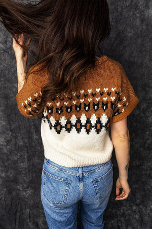 cream v-neck sweater featuring stretch and geometric