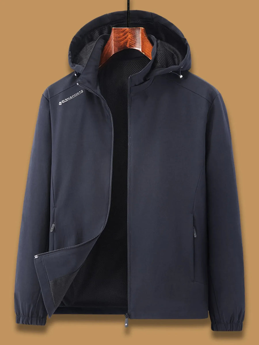 Dark blue casual hooded windbreaker jacket with zippered pockets and subtle chest logo.