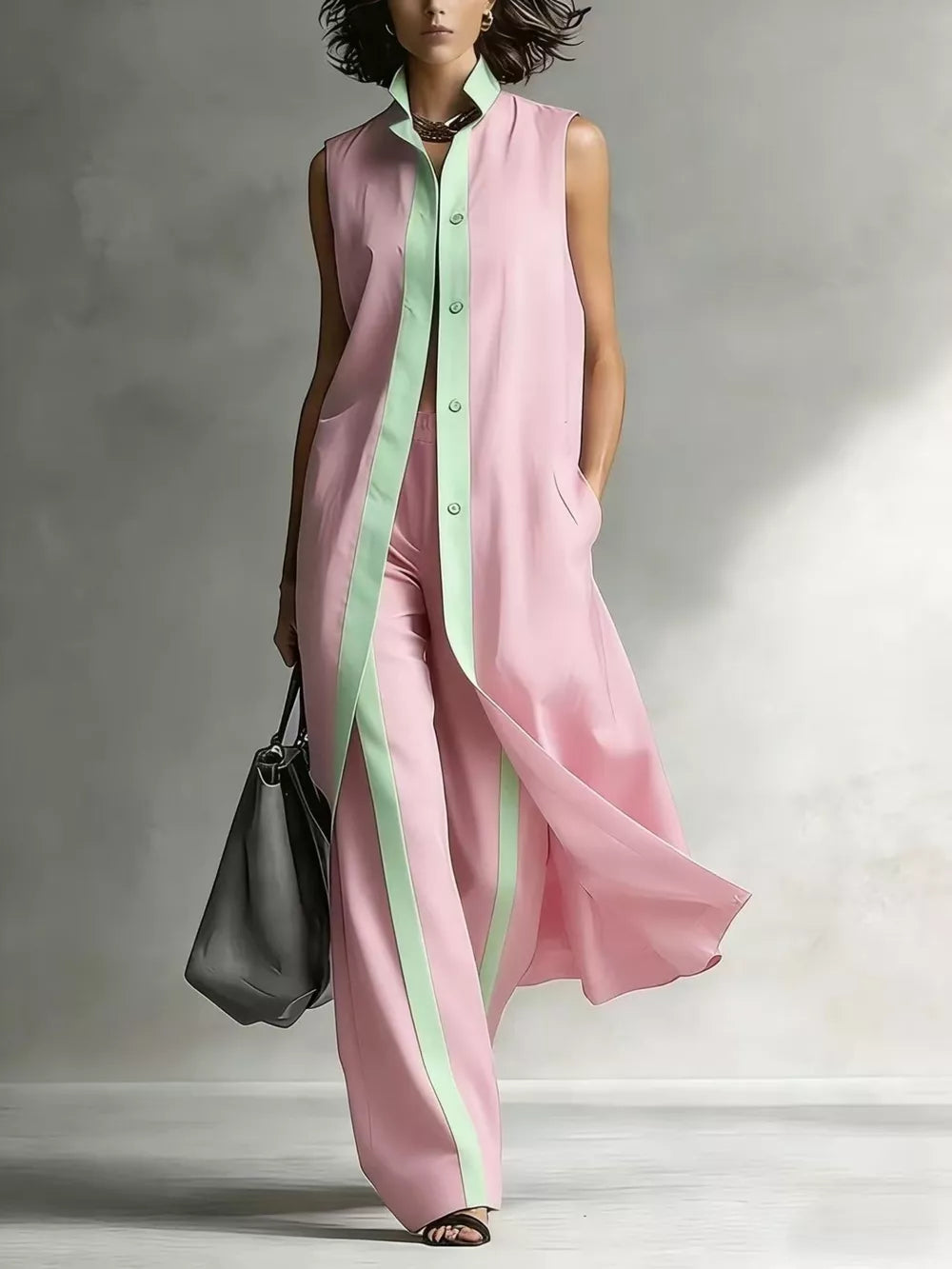Sleeveless Longline Vest And Wide-leg Pants Set in Sky Blue