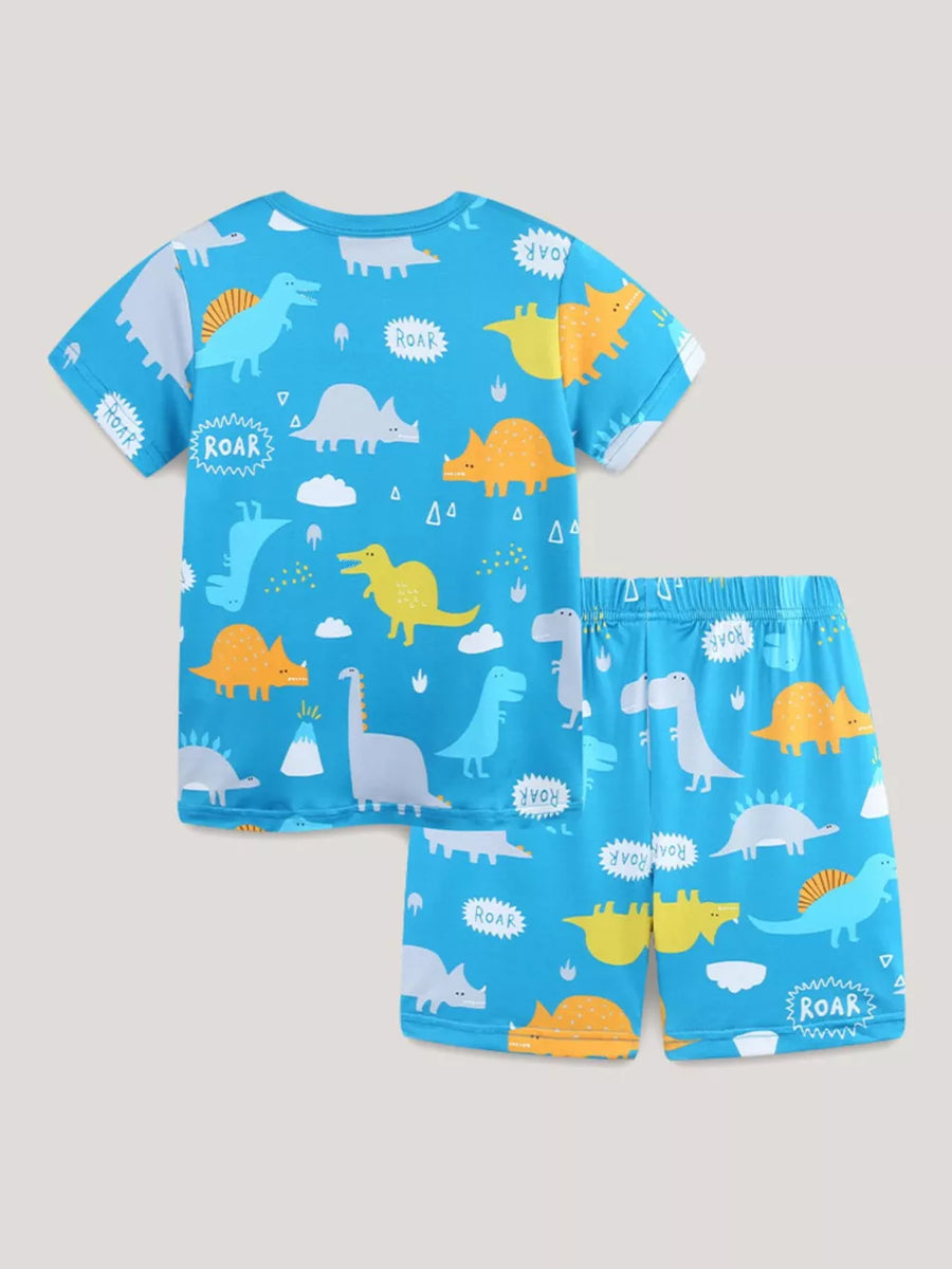 Blue dinosaur print pajama set for kids with short sleeves and shorts.
