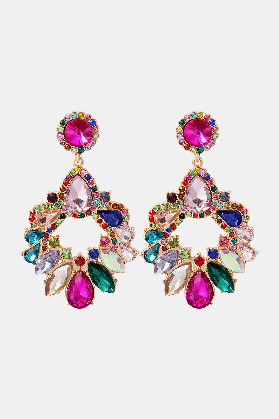 Jeweled chandelier drop earrings with multicolor rhinestones and alloy metal.