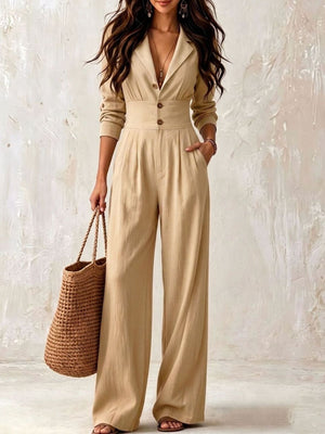 jumpsuit in khaki featuring lapel collar and relaxed fit