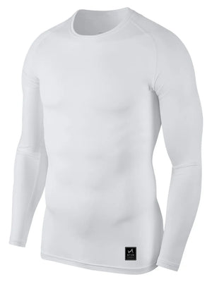 White long sleeve performance tee with crew neck and logo detail