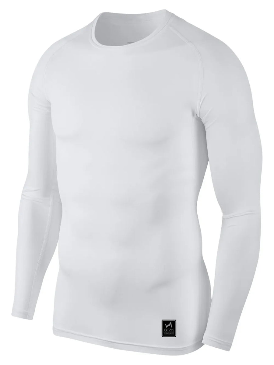 White long sleeve performance tee with crew neck and logo detail