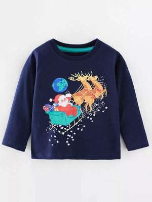 Baby long-sleeve tee in dark navy with Santa in a sleigh pulled by reindeer graphic.