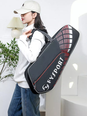 Black nylon sports equipment bag with red graphic detail and FYSport logo