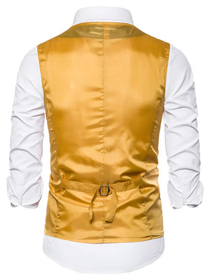 Gold sequin men's vest with adjustable back strap, worn over white shirt.