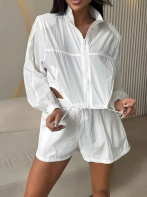 Zip-up Crop Jacket And High-waisted Shorts Set in Black with pocketed