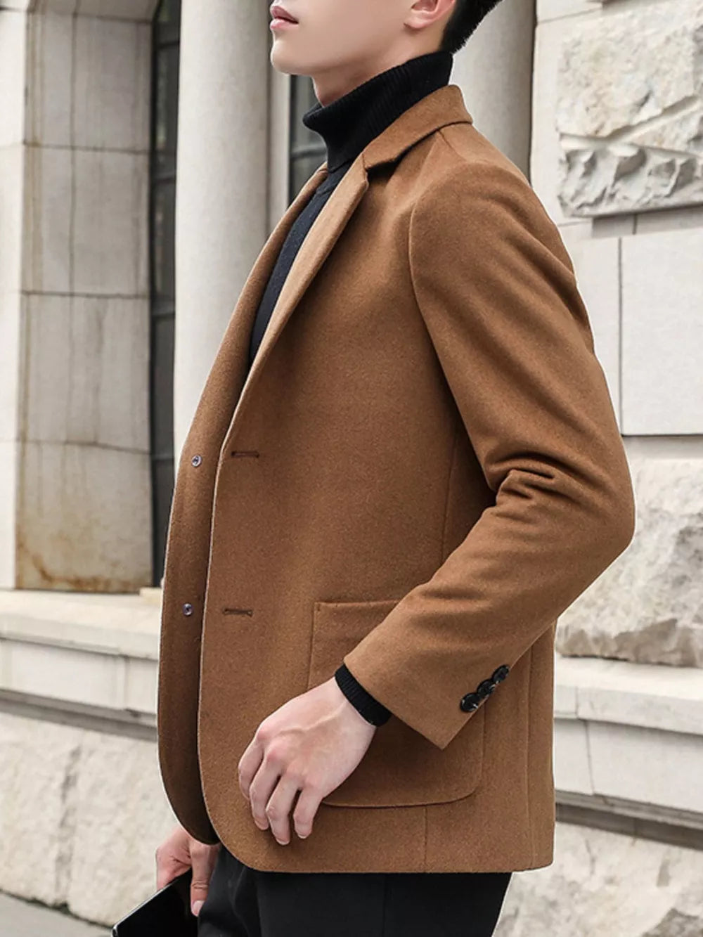 Men's Khaki Lapel Collar Blazer with button closure and pocket detail.