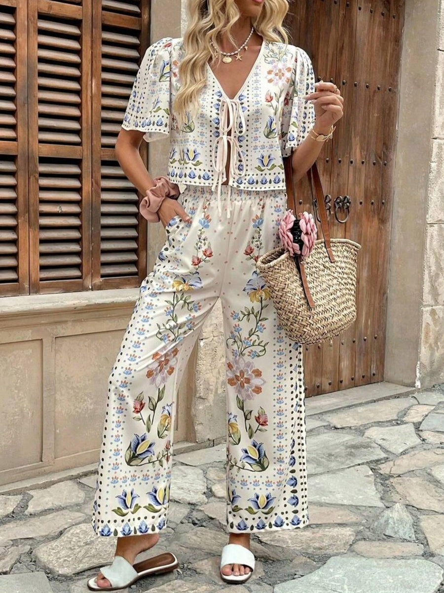 Floral tie-front cropped top and wide-leg pants set with botanical print