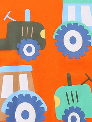 Boys' underwear with a playful tractor and firetruck pattern on orange cotton.