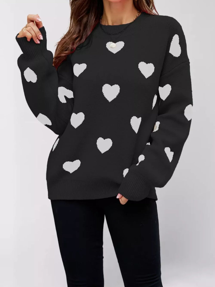 pullover sweater in Red with heart-print and ribbed