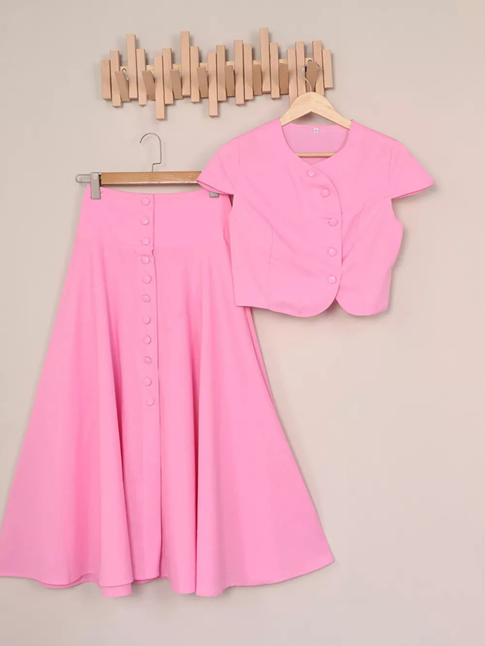 Light Purple skirt set with cropped (top), midi (skirt) and button-front (top), side button (skirt)