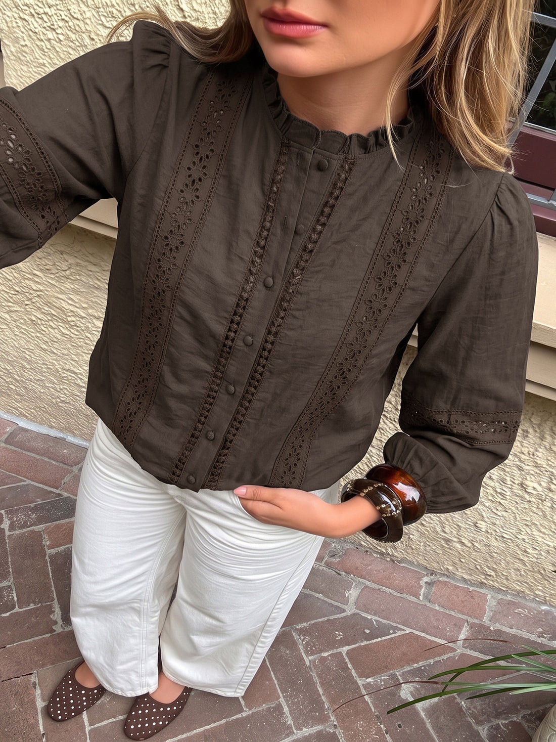 dark brown blouse with eyelet and mock neck
