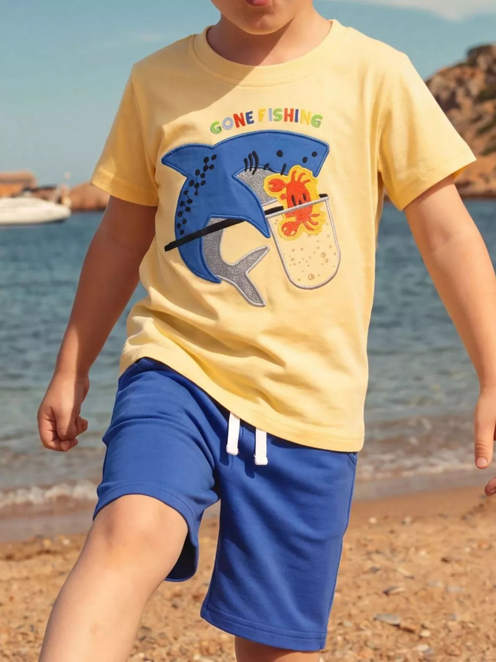 Children's Shark Embroidered Round Neck Tee And Shorts Set