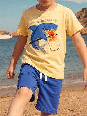 Children's Shark Embroidered Round Neck Tee And Shorts Set