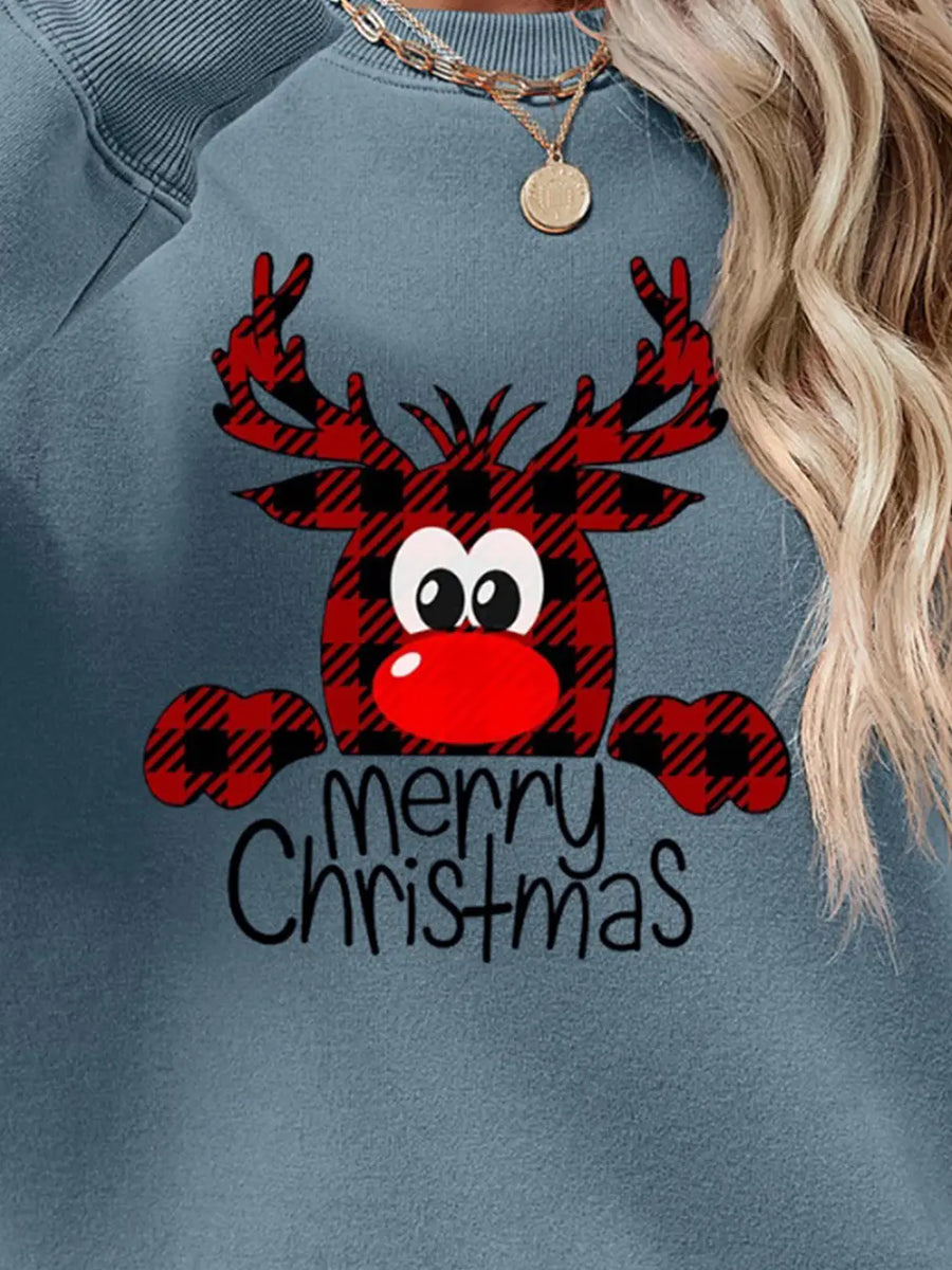 Plaid reindeer graphic sweatshirt in Misty Blue with Merry Christmas text.