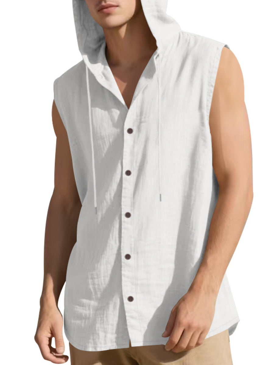White casual sleeveless hooded men's shirt with button front and drawstring hood.