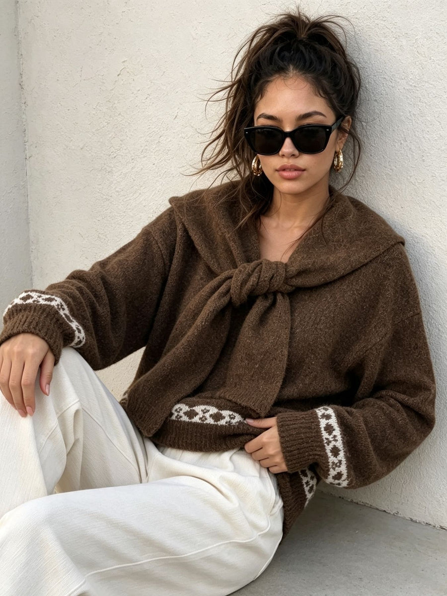 Scarf Detail Dropped Shoulder Sweater in Brown with dropped shoulder