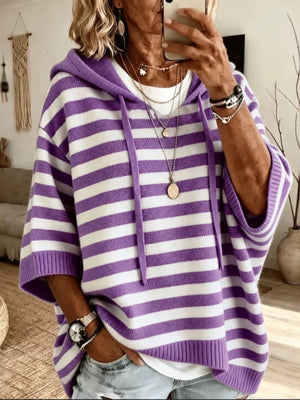 lavender pullover sweater with striped and hooded