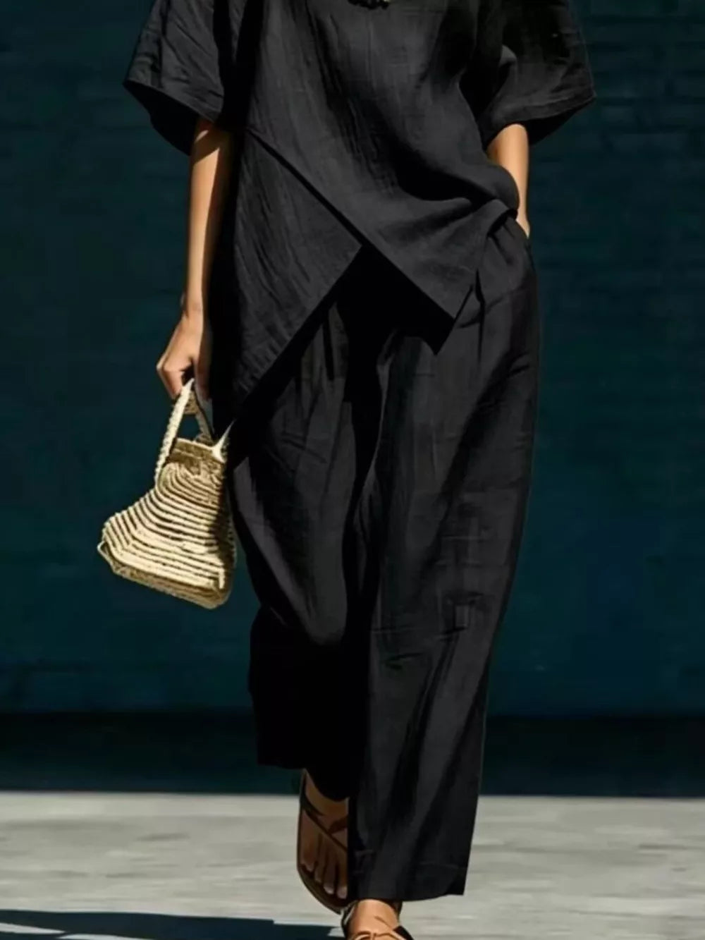 Full Size Asymmetric Top And Wide-leg Pants Set in Black with asymmetric hem
