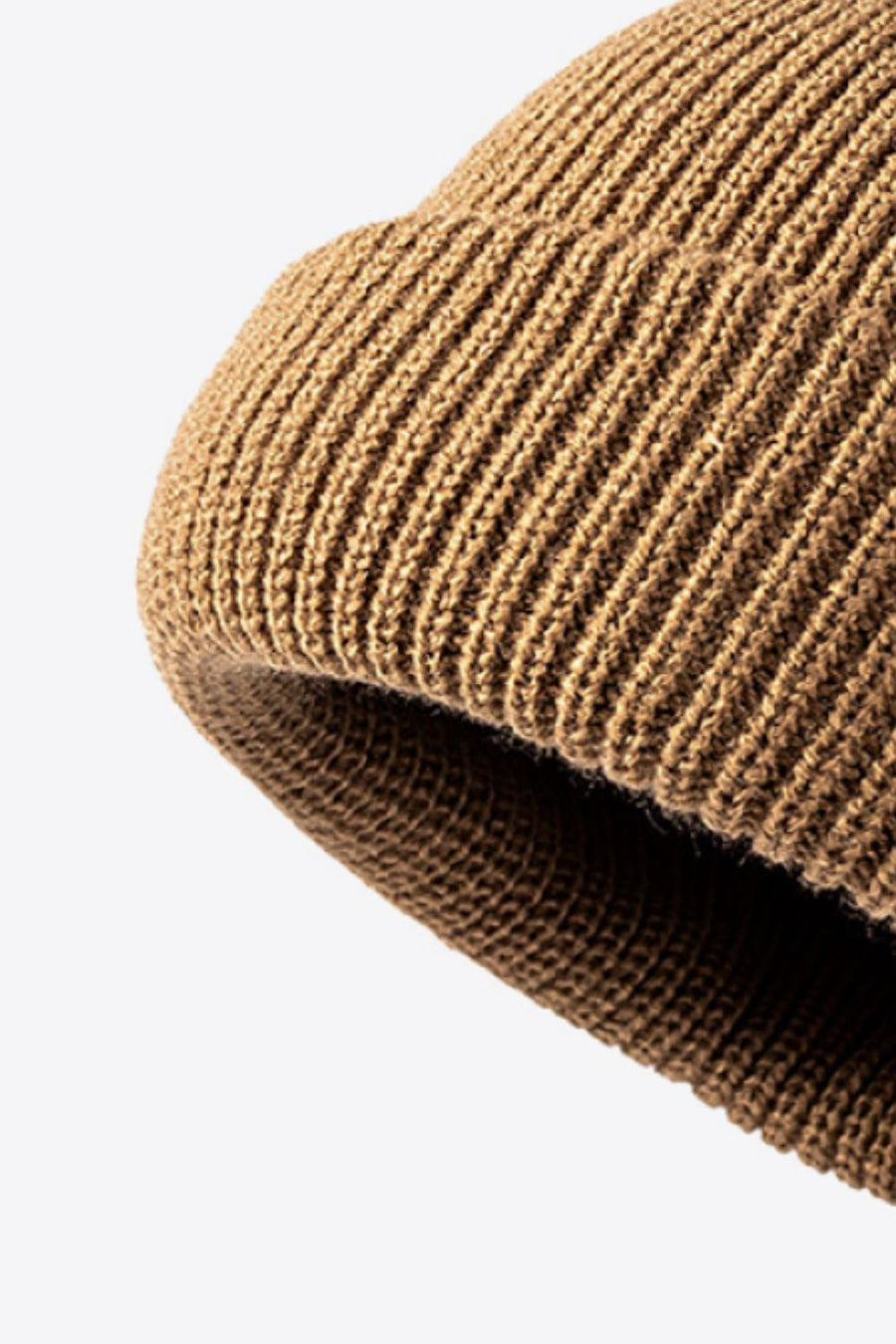Brown ribbed knit beanie with folded edge detail