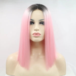Ombre pink blunt cut wig with dark roots, styled on a mannequin.
