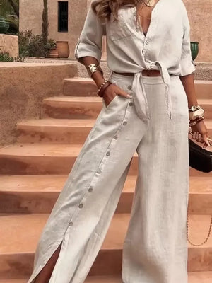 button-up shirt in light beige featuring tie-front and relaxed fit