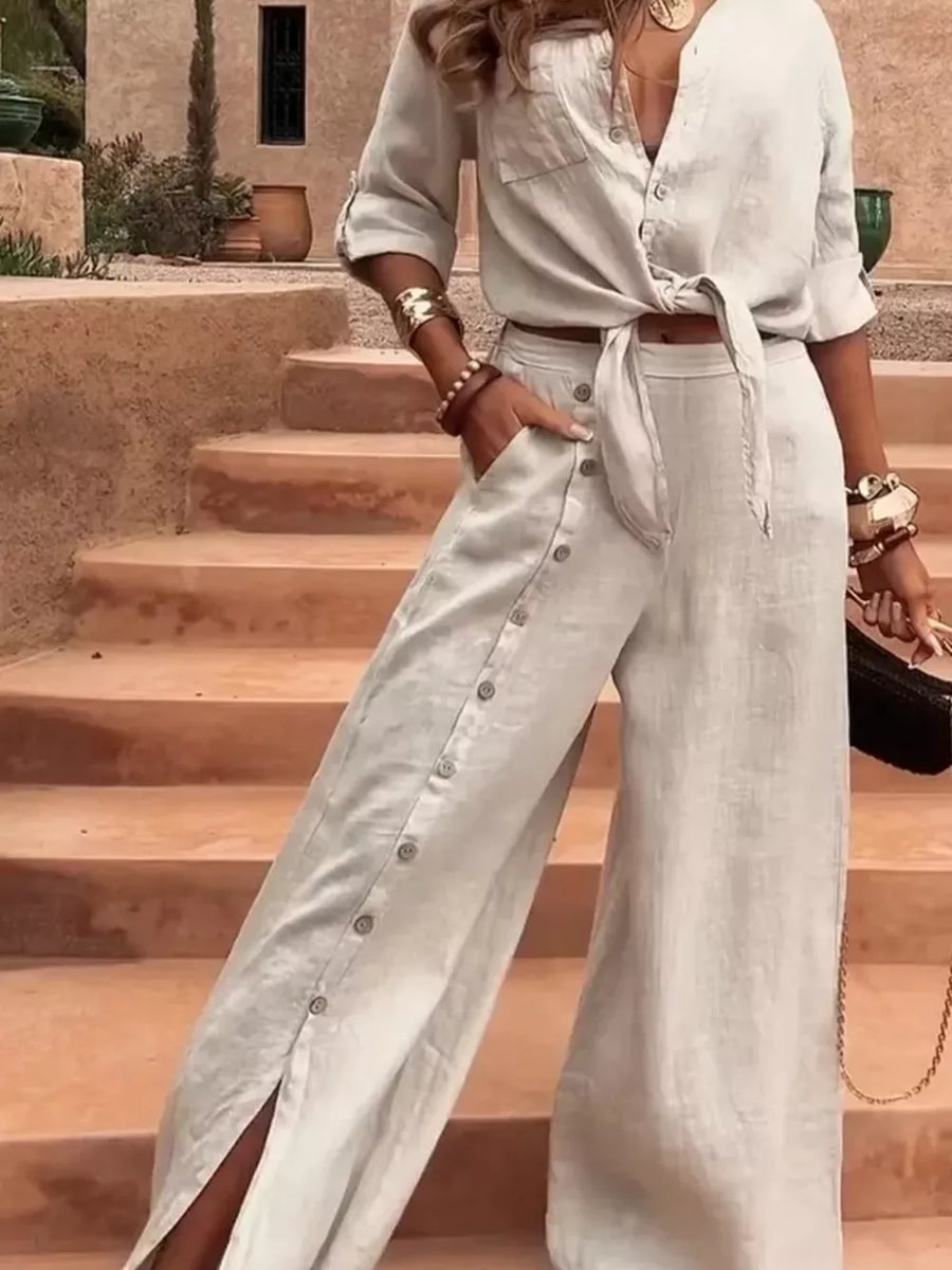 button-up shirt in light beige featuring tie-front and relaxed fit