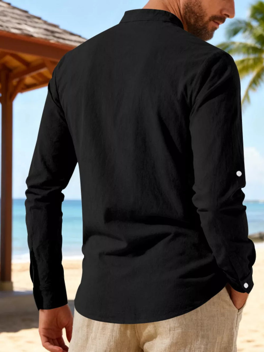 Black linen casual shirt with buttoned cuffs and mandarin collar.