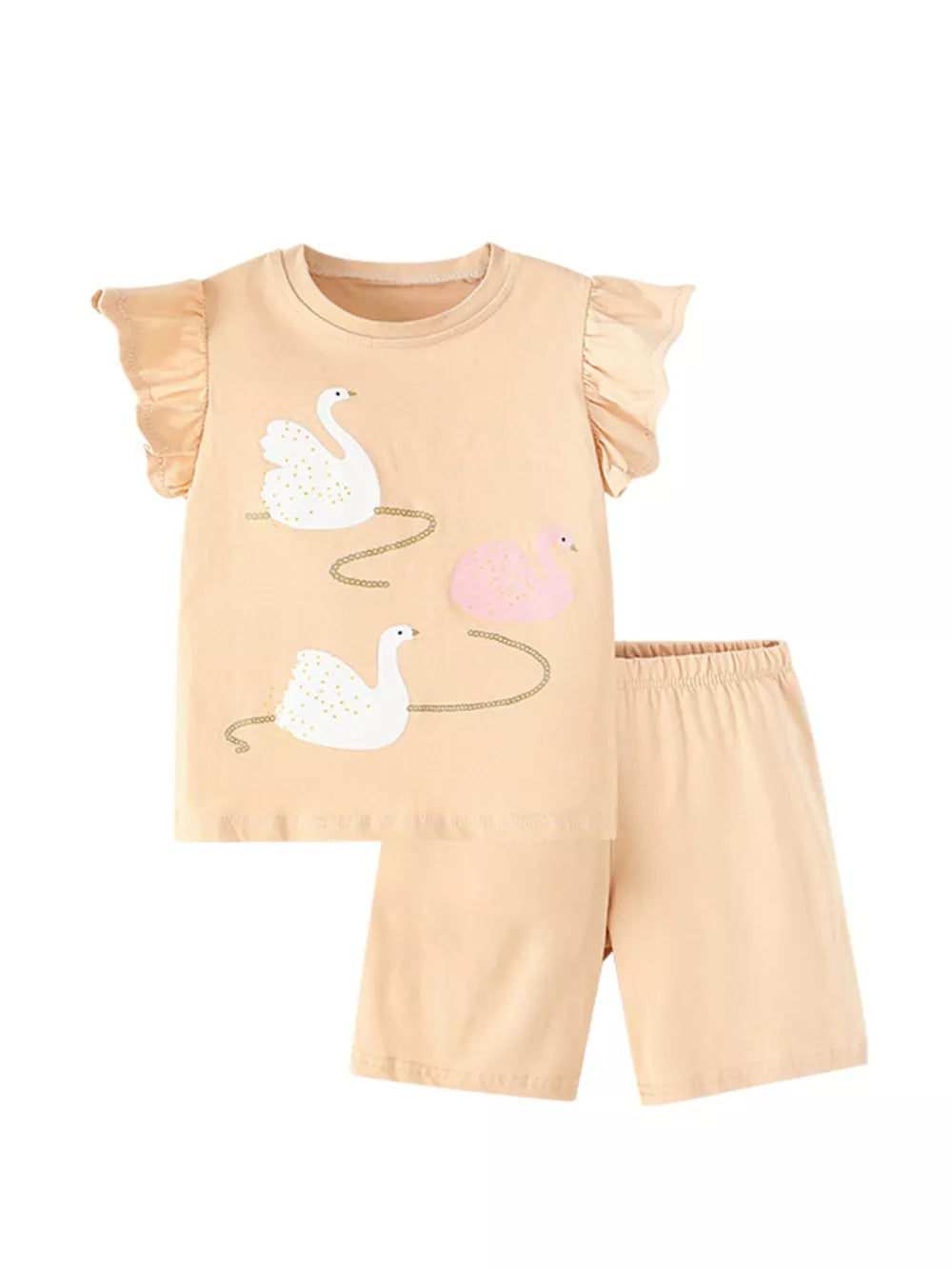 Girls' cotton undershirt set with swan print and ruffle sleeves, paired with elastic waist shorts.