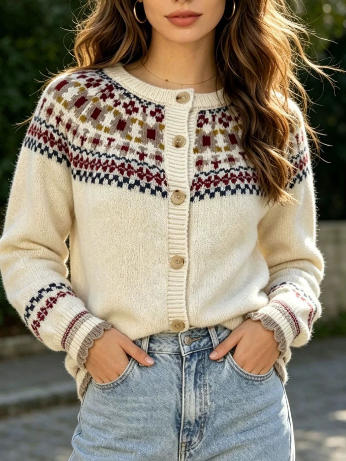 ivory cardigan with Fair Isle and round neck