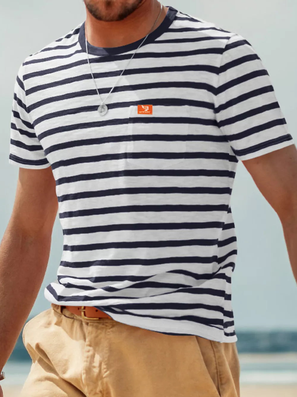 Men's Full Size Striped Pocket Short Sleeve T-shirt in Navy Blue