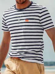 Men's Full Size Striped Pocket Short Sleeve T-shirt in Navy Blue