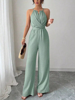 Sleeveless Tie Waist Wide-leg Jumpsuit in Orange Red