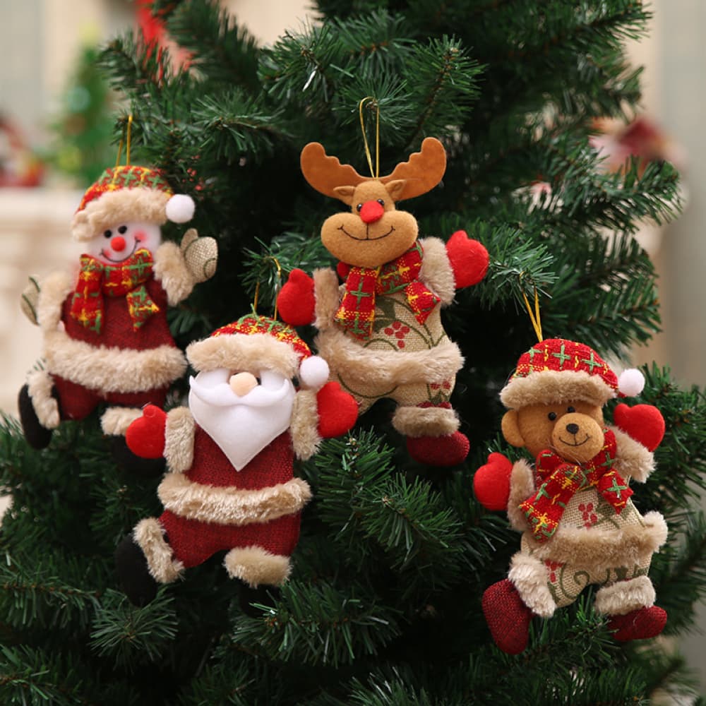 4-piece Christmas ornaments: Santa, snowman, reindeer, and bear characters in red and tan.