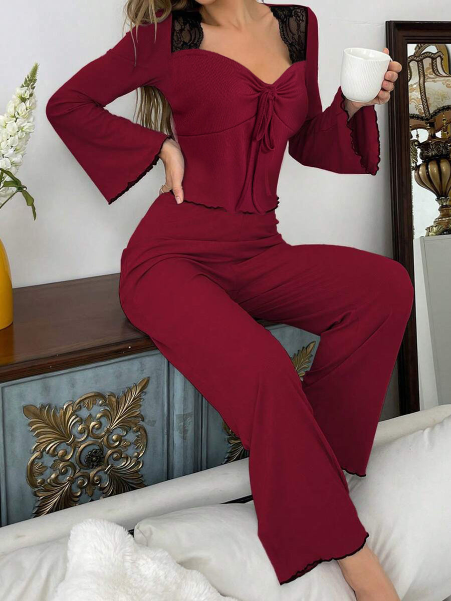 Lace Detail Flare Sleeves Lounge Set in Black with lace detail