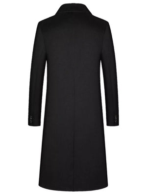 Men's black classic button up overcoat with notched lapel and buttoned cuffs.