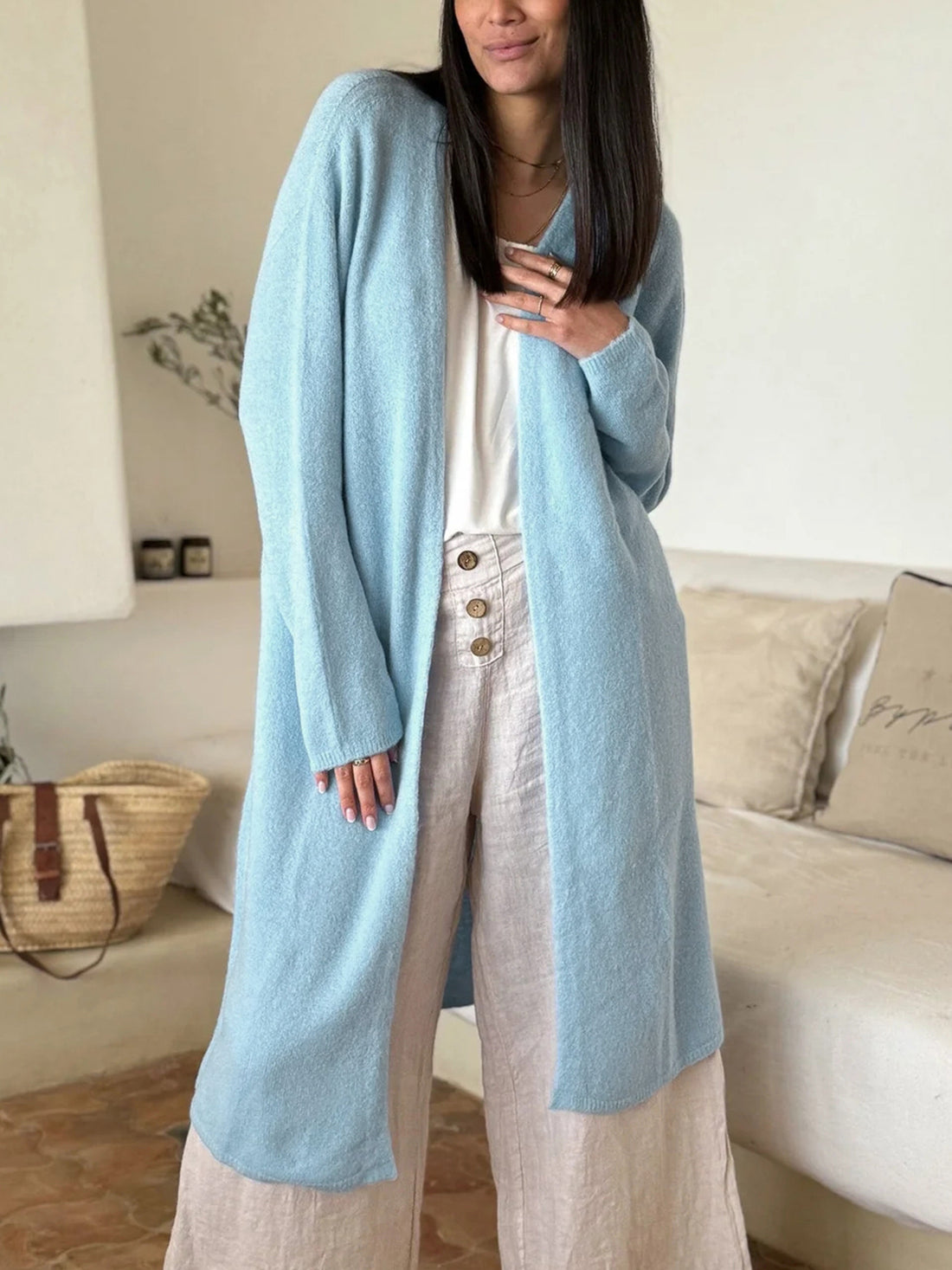 cardigan in sky blue featuring stretch and relaxed fit