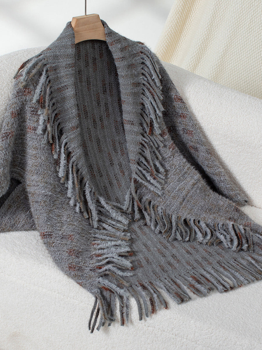 Textured fringe shawl cardigan in dark gray acrylic with a relaxed fit and open front.