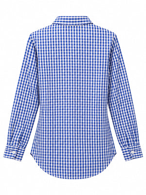 red button-down shirt with tunic-length and button-front