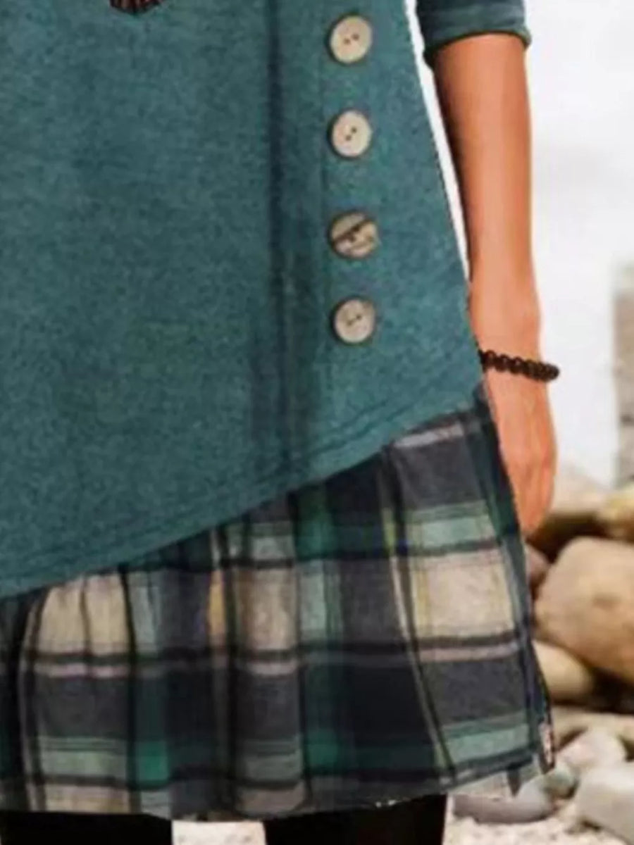 Asymmetrical Plaid Patchwork Long Sleeve Dress in Dark Gray