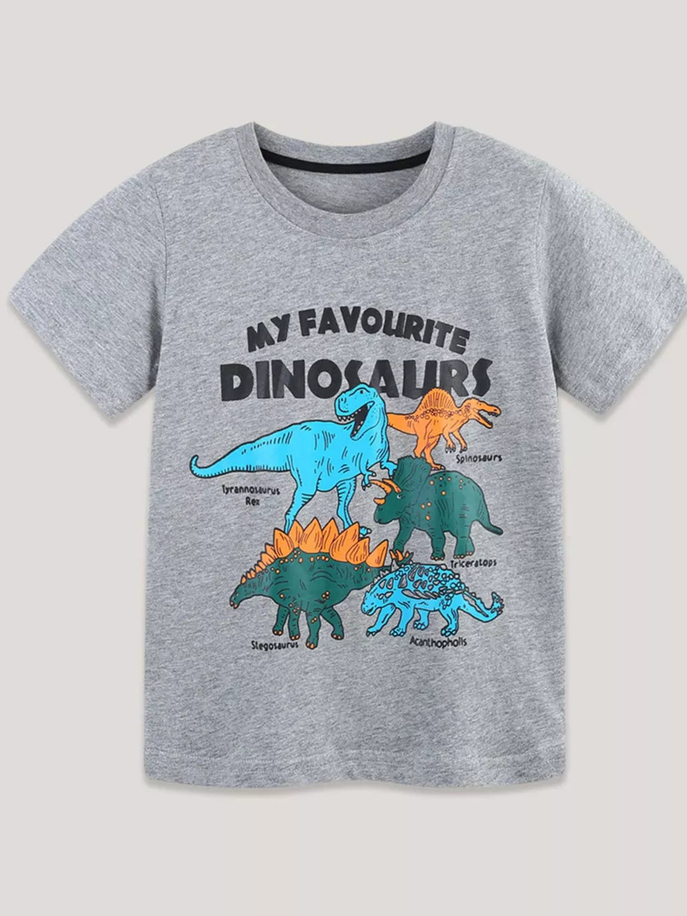 Grey cotton crew neck t-shirt with colorful dinosaur graphic and text.