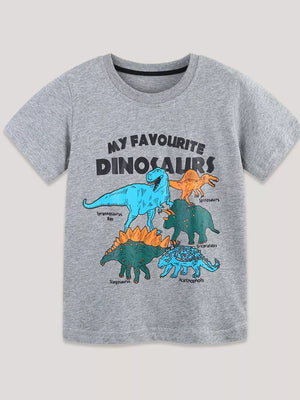 Grey cotton crew neck t-shirt with colorful dinosaur graphic and text.